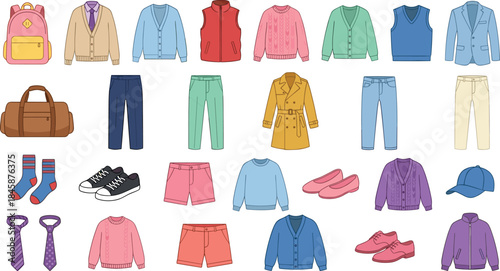 Clothing and accessories grid, colorful fashion items, wardrobe variety, cartoon style, flat vector illustration for apparel design