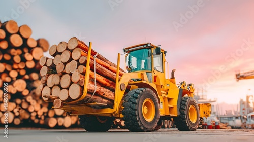 Yellow truck is pulling logs from a pile. The truck is surrounded by many logs, and the sky is cloudy