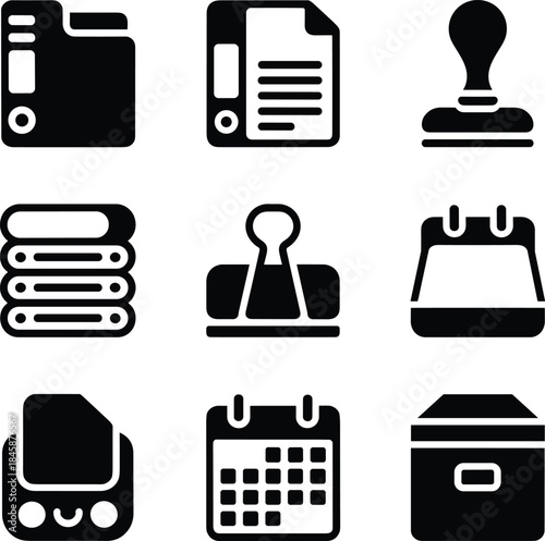 A set of black and white icons for office documents and organization