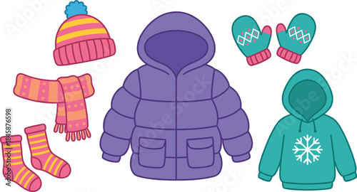 Winter clothing bundle, puffer jacket, snowflake hoodie, striped scarf, cozy mittens, festive socks, seasonal fashion, flat vector illustration