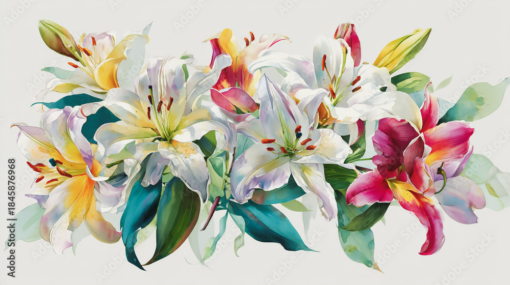 Obraz premium watercolor painting of Elegant wedding invitation card background vector. Minimal hand painted watercolor botanical Lilly flowers texture template background. Design for wedding, cover, poster, rsvp