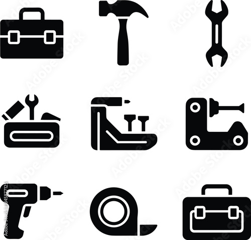 A diverse set of icons depicting tools and mechanical equipment for construction and repair