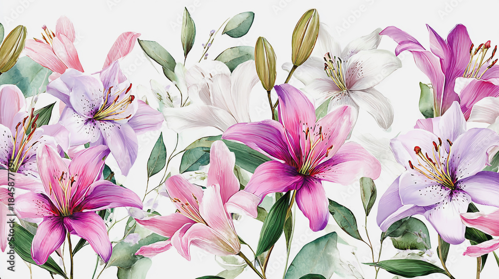Obraz premium watercolor painting of Elegant wedding invitation card background vector. Minimal hand painted watercolor botanical Lilly flowers texture template background. Design for wedding, cover, poster, rsvp