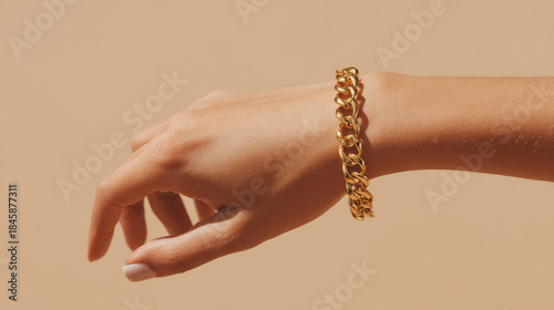 Close-up of a woman’s wrist wearing a gold chain bracelet on a beige background