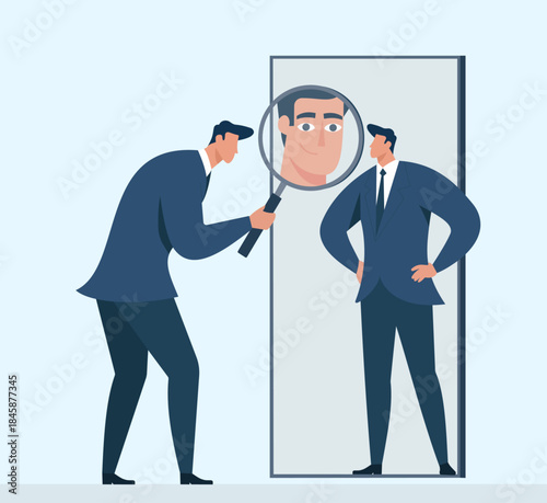Businessman Examining His Reflection with Magnifying Glass – Self Awareness, Personal Evaluation and Self Confidence Concept Flat Vector Illustration, Self Awareness and Introspection
