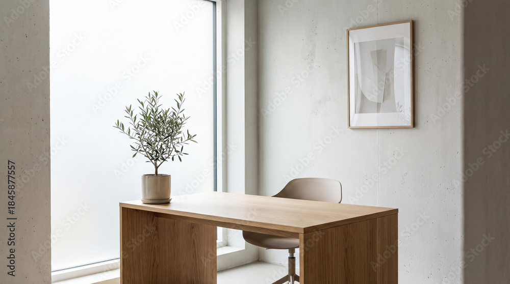 Fototapeta premium A bright workspace features a wooden desk, chair, and a potted olive tree by a frosted window. An abstract art piece hangs on a textured wall.