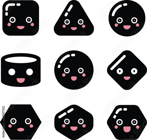 Kawaii collection of simple geometric shapes featuring smiling cartoon faces