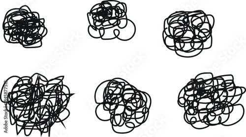 Six black and white illustrations of clusters or bunches of objects