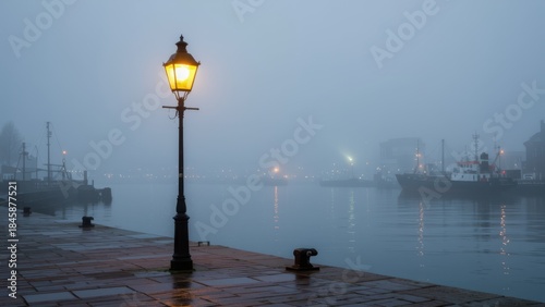 Foggy Harbor with Vintage Lamp