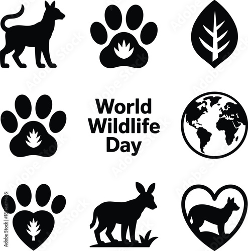 Black icons set for world wildlife day featuring paw print, animal silhouettes, leaf, and globe symbol