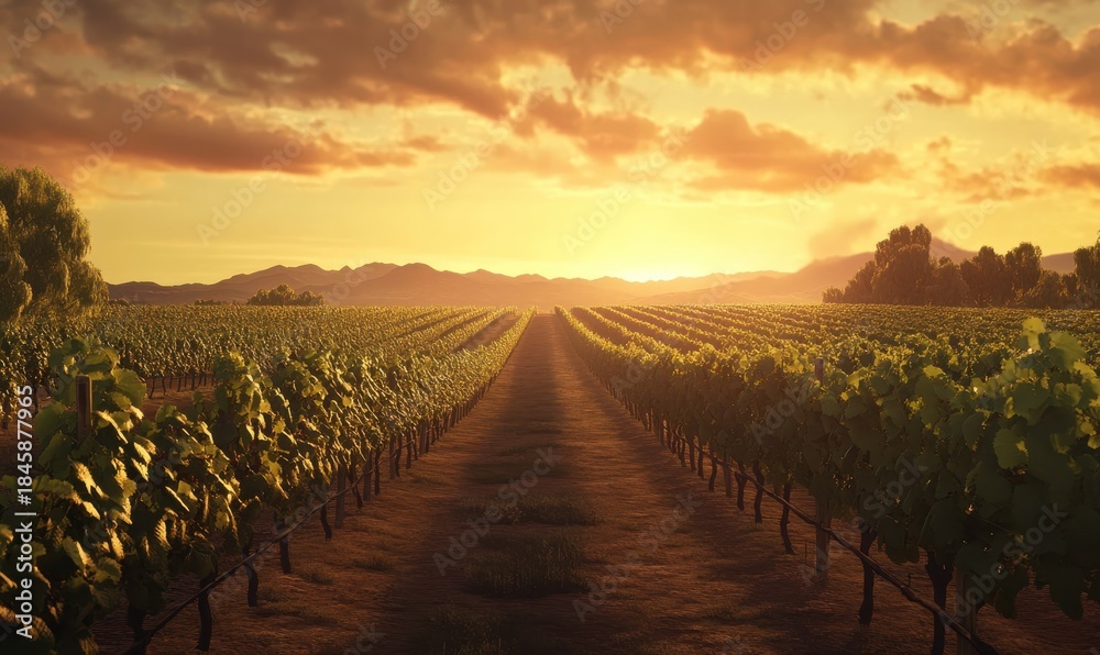 Fototapeta premium Sunset casts golden light over vineyard under cloud-filled sky.