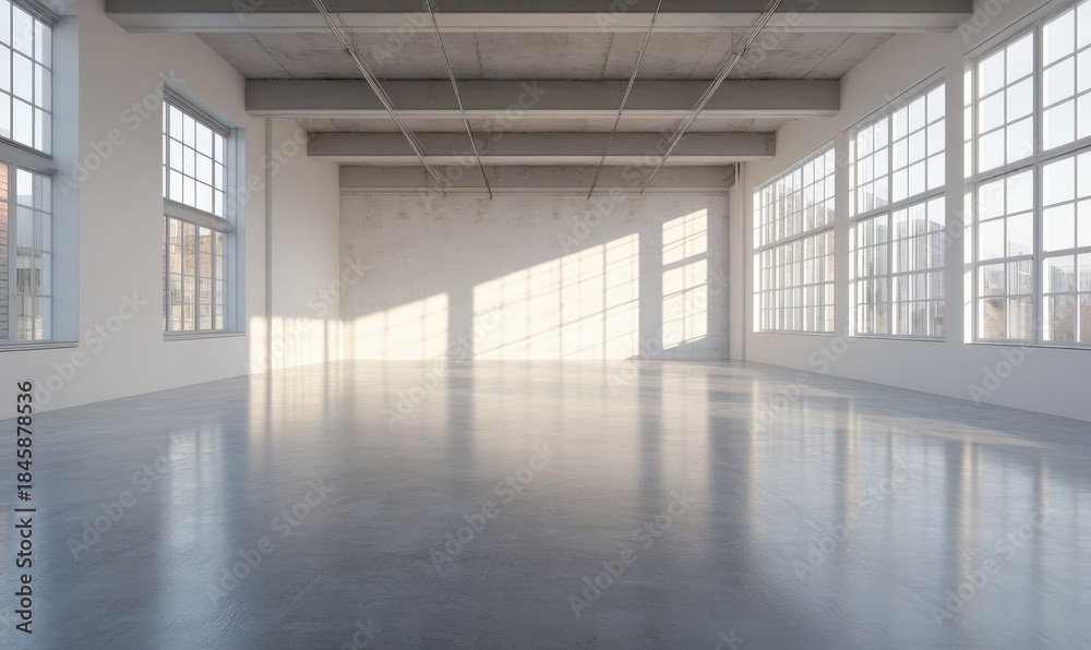 Fototapeta premium Spacious modern loft interior with polished concrete floors and high ceilings, soft natural light creating a minimalist industrial vibe