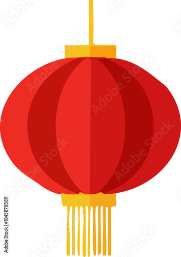 A bright red traditional Chinese lantern with golden details hangs against a black background in a clean, flat illustration style.