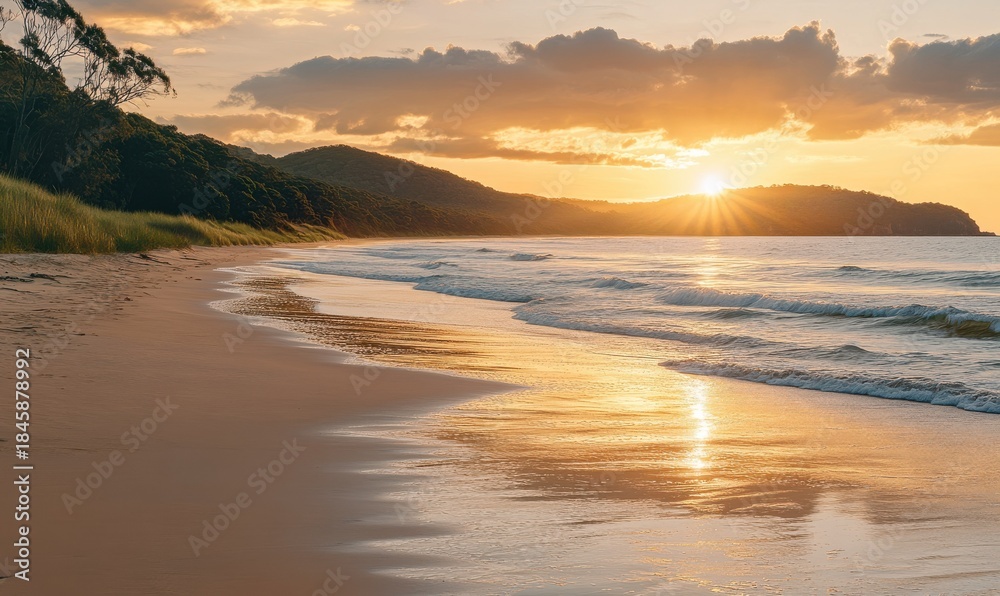Fototapeta premium Sunrise over a tranquil beach with soft golden light reflecting on gentle waves, calm morning atmosphere perfect for a seaside retreat,