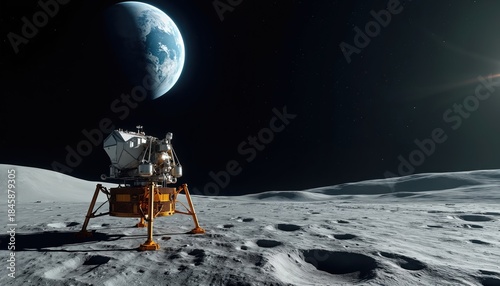 Lunar lander rests on barren moonscape with Earth visible above. Spacecraft sits on grey dusty surface under dark starry sky. Cratered ground stretches towards horizon on desolate alien world.