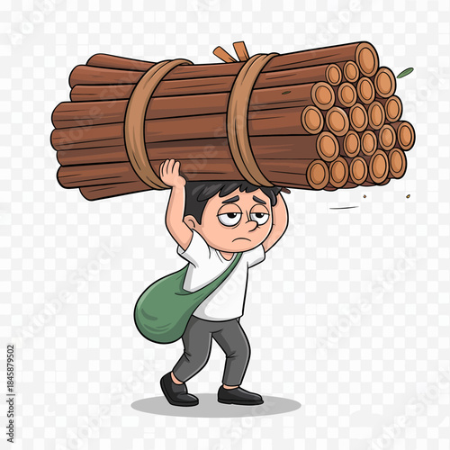 Cartoon boy carrying heavy bundle of firewood on his head with sad expression child person