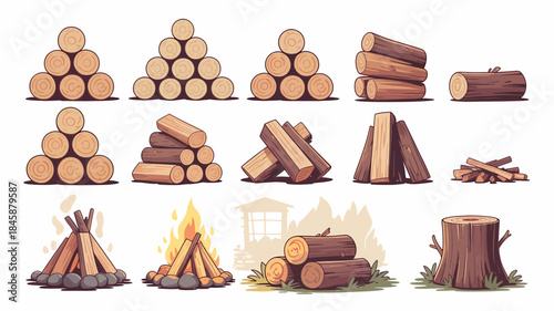 Collection of cartoon firewood logs and campfire illustrations on white background timber stack