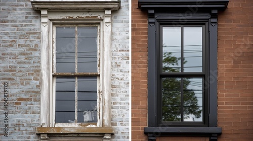 Comparison of rustic and modern window frames on weathered walls