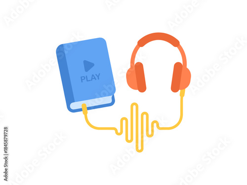 Audiobook with Headphones and Sound Wave.