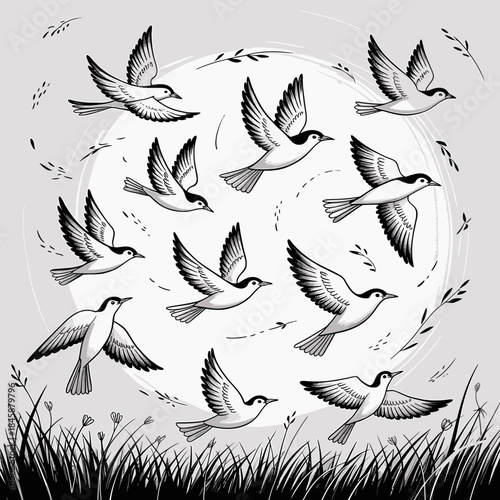 Flock of birds flying in a circular pattern with grass and branches flight freedom
