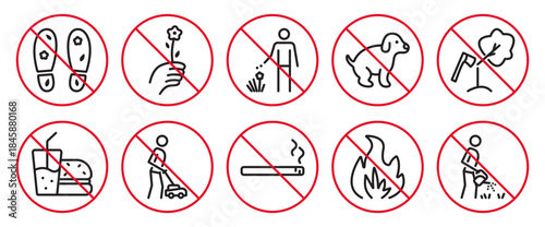 Black and red line lawn prohibitory vector icon set. Outline round crossed out signs for parks, gardens and farms. Linear prohibitive symbols, editable stroke