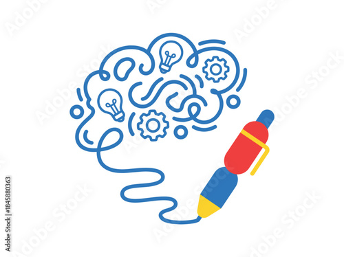 Colorful Pen Creating Thoughtful Brain Illustration.