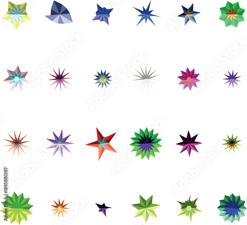 A vibrant assembly of varied geometric polygonal shapes and star like figures on a pristine white surface