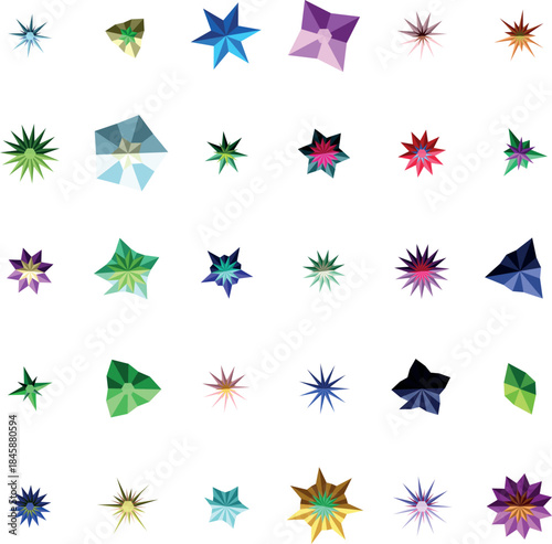 A vibrant collection of colorful faceted geometric star shapes arranged neatly on a pristine white field