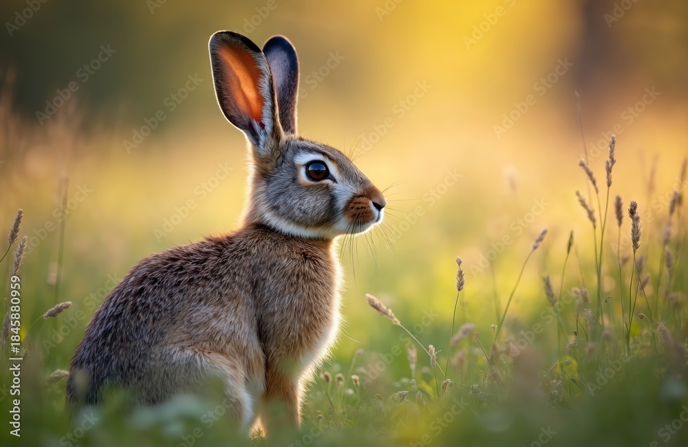 Obraz premium European brown hare sits in grass during sunset. Small mammal with long ears observes surroundings. Wild animal has brown fur camouflage. Nature background with soft bokeh.
