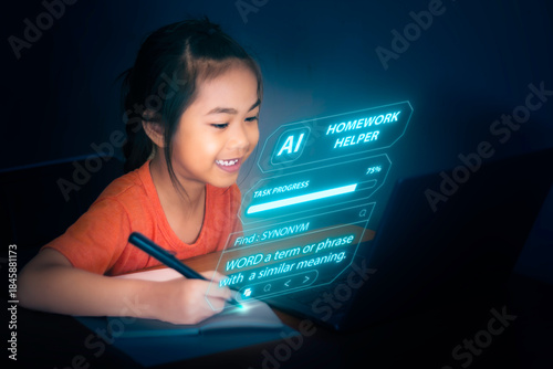 Canvas Print A child sits at a desk with a laptop and smiles while using an AI homework helper