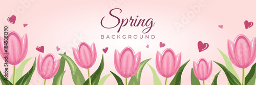 Spring background vector with cute pink tulips and hearts on soft pastel backdrop. Romantic floral botanical illustration for seasonal posters, banners, web headers, greeting cards and decorative desi