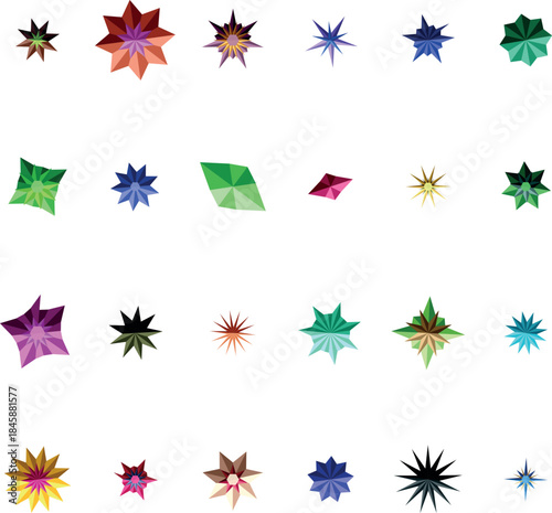 Numerous brightly colored spiky geometric forms with multiple facets organized on a pristine white canvas