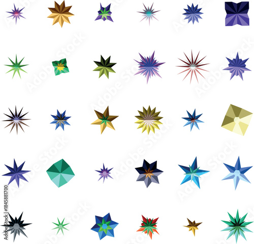 Numerous vibrant geometric stars in various sizes arranged neatly across a pristine white field