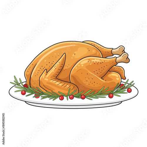 Roasted turkey chicken on plate with rosemary and berries vector illustration icon in flat cartoon style isolated