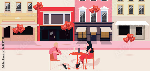 Romantic Valentine’s Day illustration of a couple on a date at an outdoor cafe with heart balloons. Flat modern city street scene in pastel colors. Perfect for love, dating, romance, social media, ban