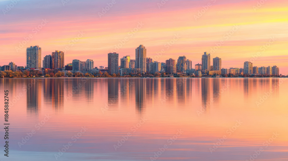 Obraz premium City skyline reflected in calm bay at dawn with pastel colors and serene mood