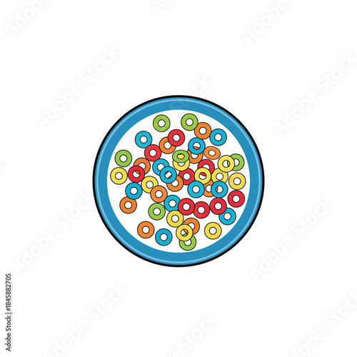 Colorful breakfast cereal loops in blue bowl vector illustration icon top view in flat cartoon style isolated