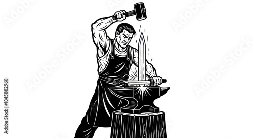 Blacksmith Forging a Sword with Hammer on Anvil.