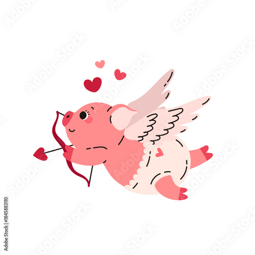 Cute pink pig with wings, heart, bow and arrow. Valentine's Day. Romantic holiday. February 14. Love. Cartoon character. Vector illustration isolated on white background.