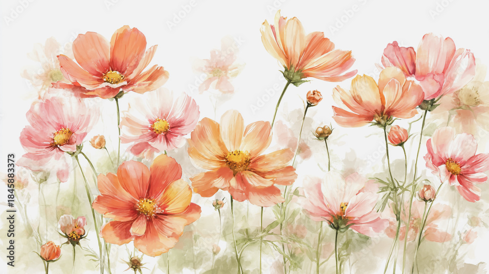 Obraz premium watercolor painting of Elegant wedding invitation card background vector. Minimal hand painted watercolor botanical flowers texture template background. Design for wedding, vip cover, poster, rsvp