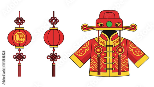Traditional Chinese New Year Costume and Lantern Vector Illustration