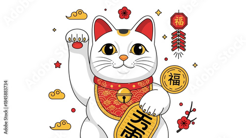 Lucky Maneki Neko Cat with Traditional Chinese Symbols