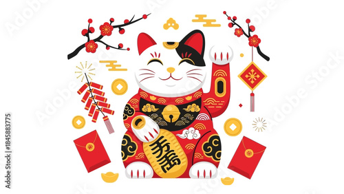 Traditional Maneki-neko with Red and Gold Ornaments for Good Luck