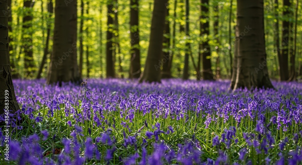 Naklejka premium A carpet of vibrant purple-blue bluebells covers the forest floor, bathed in soft dappled sunlight filtering through the canopy above ,petals ,flora ,dappled