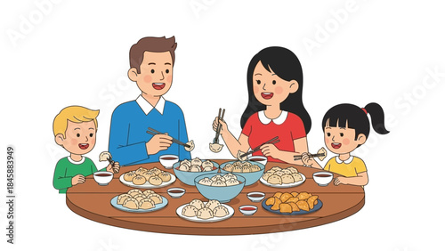 Happy family enjoying meal together with dumplings at dining table