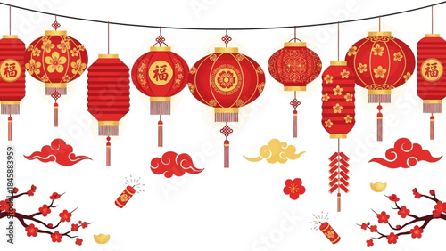 Traditional Chinese Red Lanterns and Decorative Elements for Festive Celebrations