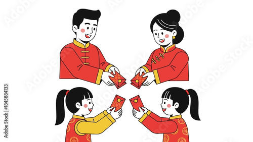 Family Exchanging Red Envelopes in Traditional Chinese Attire