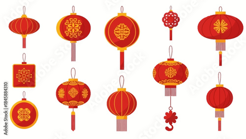 Set of Traditional Chinese Red Lanterns with Decorative Patterns
