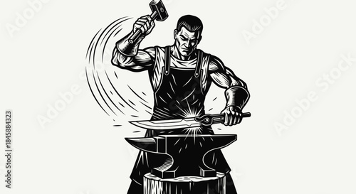 Blacksmith working on a knife with a hammer on an anvil.