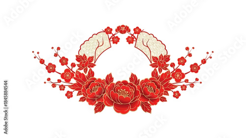 Elegant red floral design with peonies and cherry blossoms